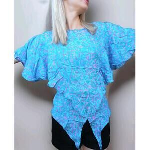 Butterfly Sleeve Top BLue Silk Abstract Couture Blouse Dolly Country Look Size 2